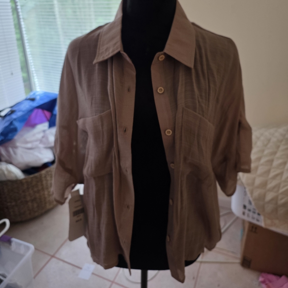 Altar'd State Taupe Sheer Button-Up Blouse